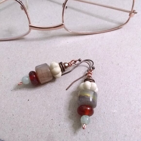 Neutral Colored Fall Earrings ~ Short Stack Danglers ~ Semi-Precious Stone Beads - Picture 5 of 7